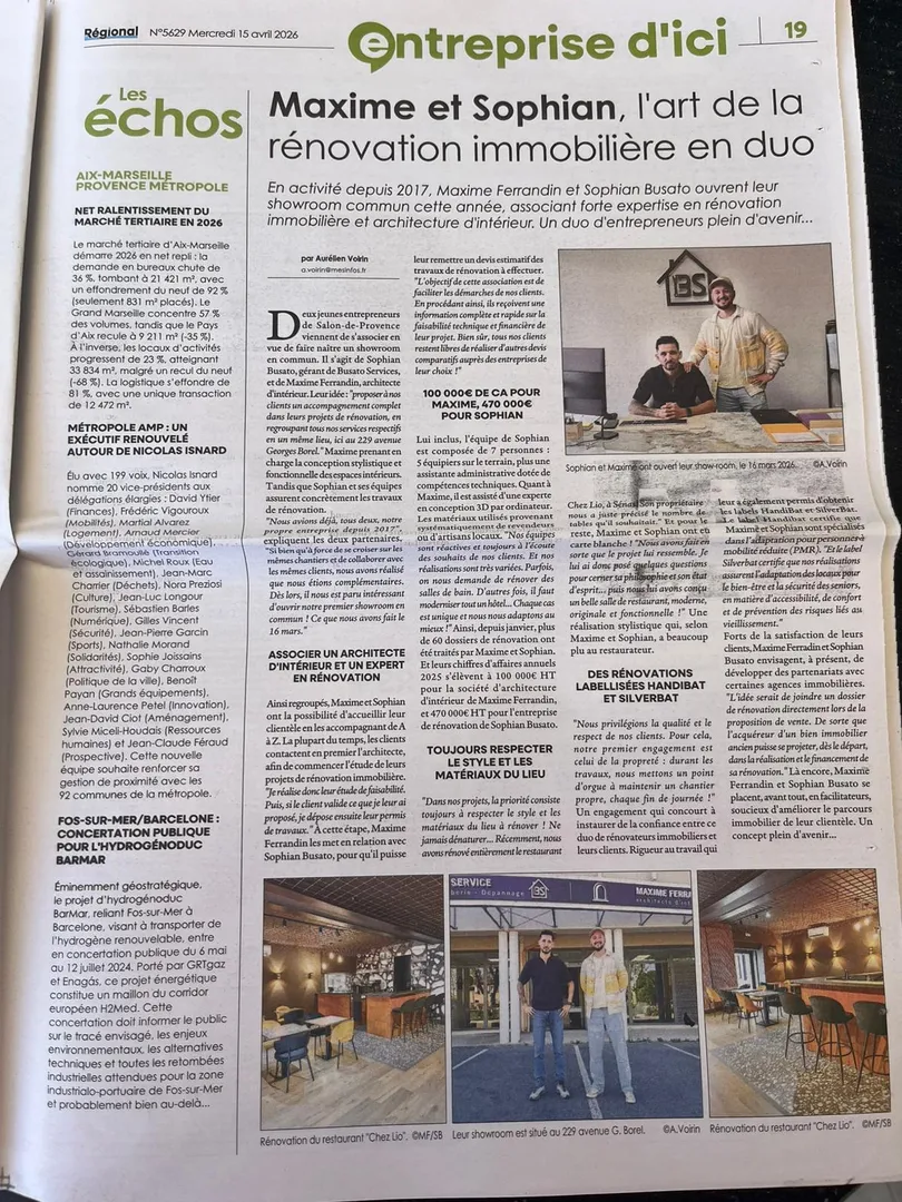 Article du journal Le Régional mettant à l’honneur Busato Services et Sophian Busato, spécialiste de la rénovation immobilière, aux côtés de Maxime Ferrandin.
